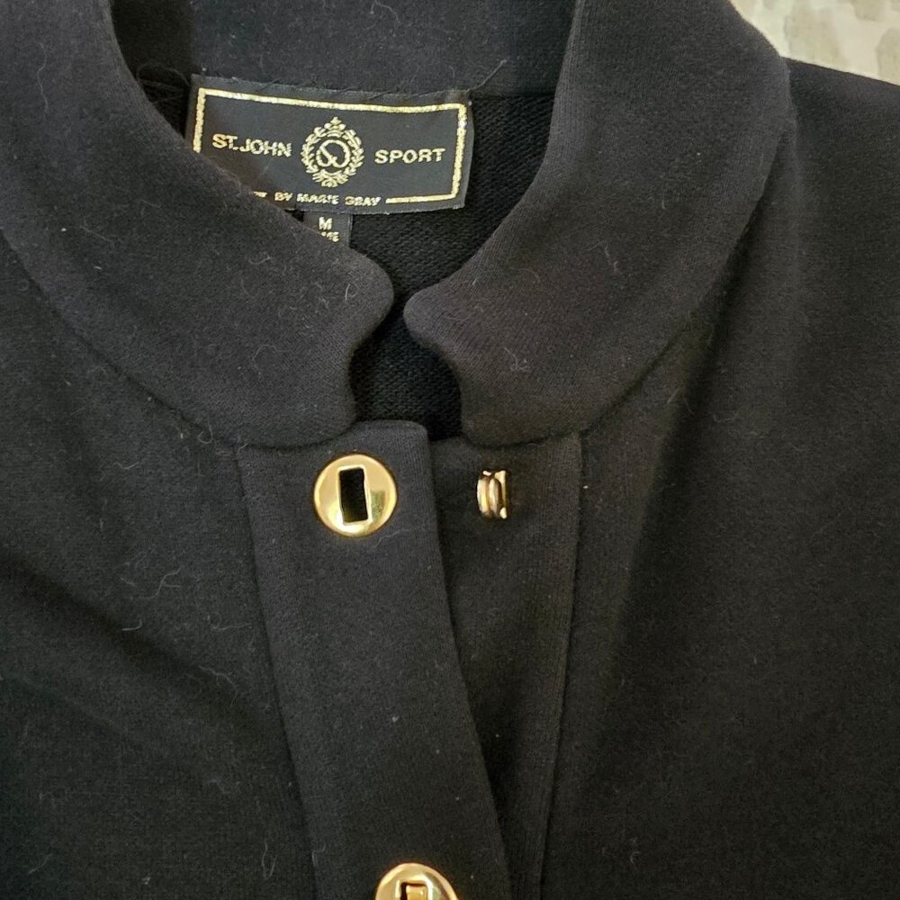 St. John Black Size M Sweater Gold Twist Lock Buttons Mandarin Collar Academia - Picture 8 of 12